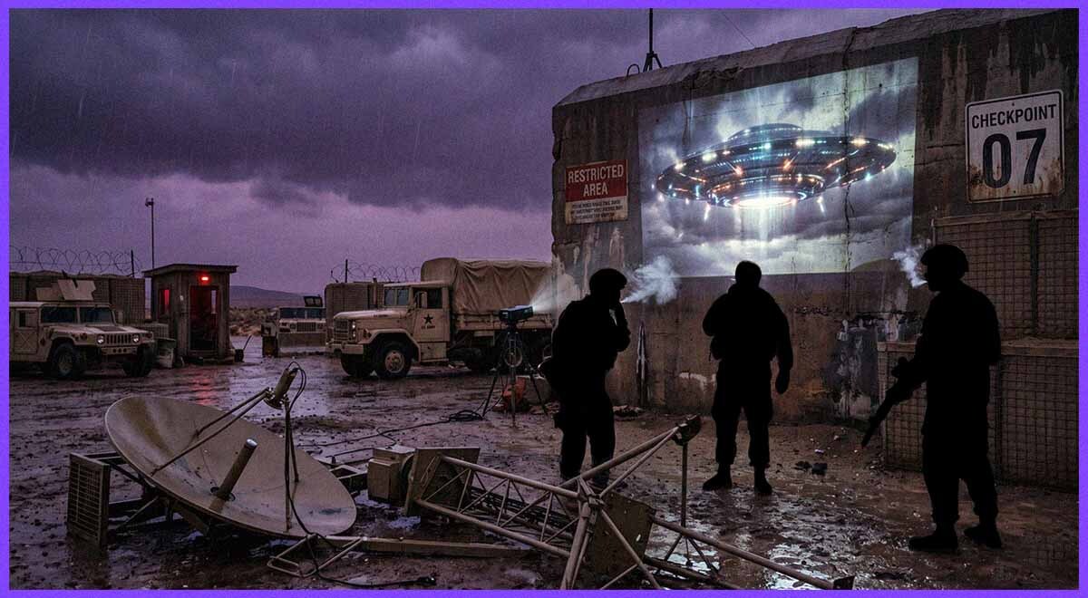 Silhouetted soldiers at the checkpoint.