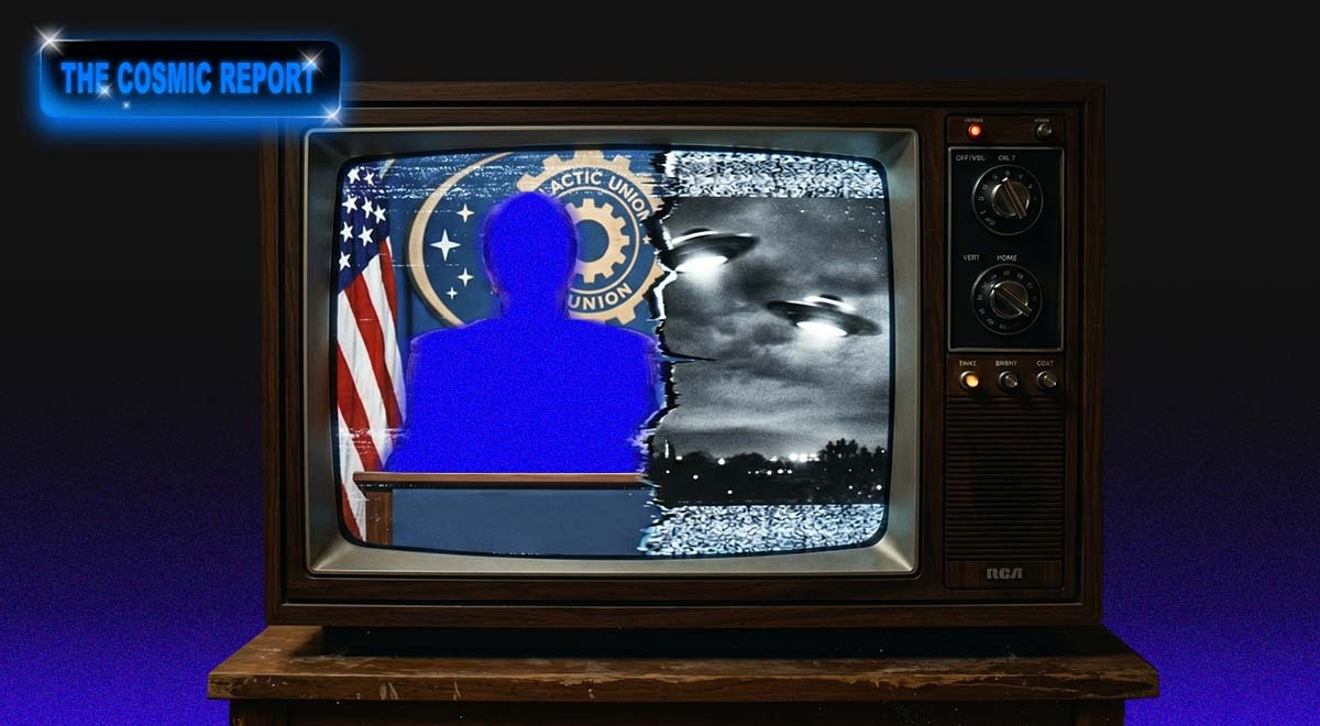 Half a TV screen of a president silhouette, and half of a UFO.