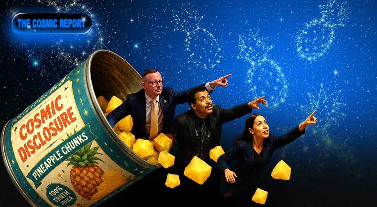 Burlison, Tyson, and Ocasio-Cortez emerging from a can of pineapple chunks in the cosmos.