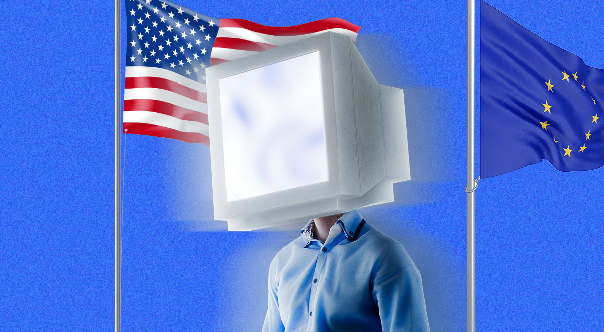 American and European Union flags, a person with a monitor instead of their head