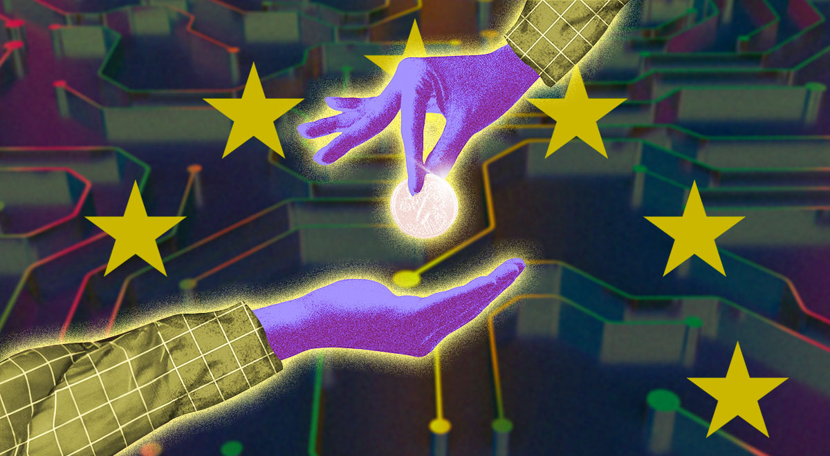 A hand in gloves giving a coin to another hand, stars of the EU flag