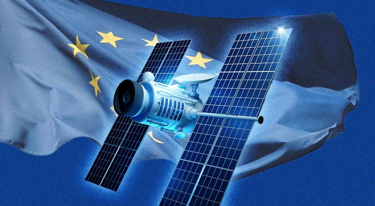A satellite; a flag of the European Union