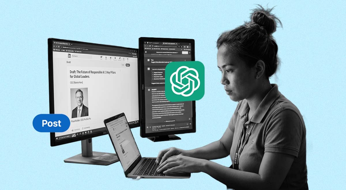 A Filipino worker using ChatGPT to write a LinkedIn post on behalf of an executive