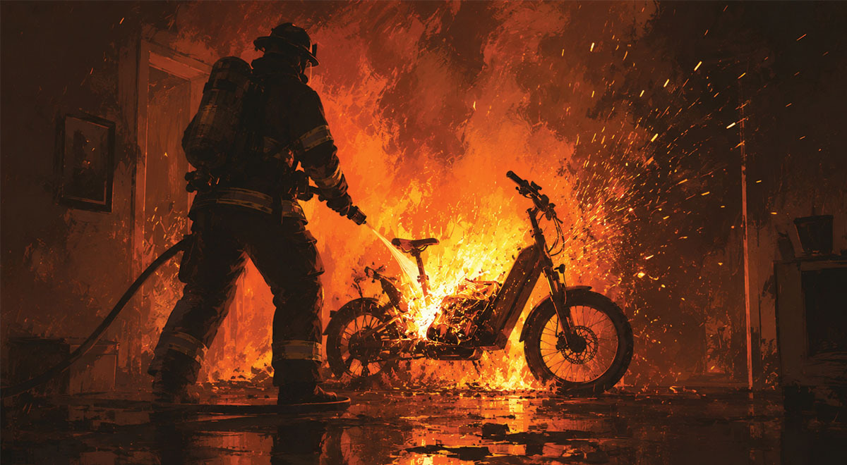 A firefighter putting out a blaze of an ebike.