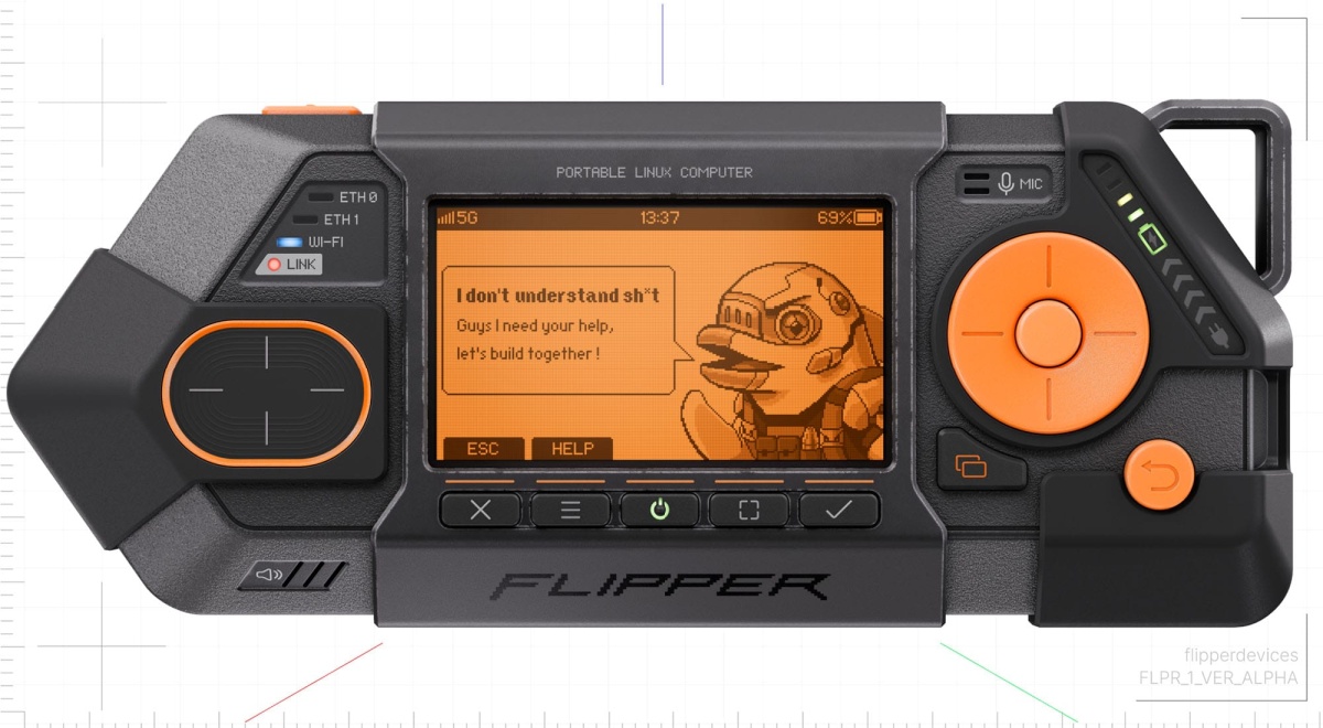 black plastic device with orange screen, dolphin image