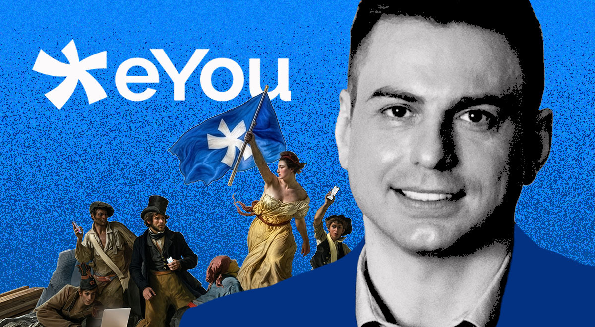 eYou logo, the platform's cofounder Gregoire Vigroux, figures from Renaissance paintings