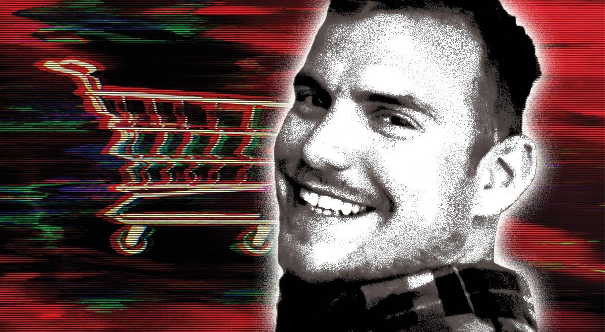 Alan Bill, smiling man, light moustache and beard, shopping cart,