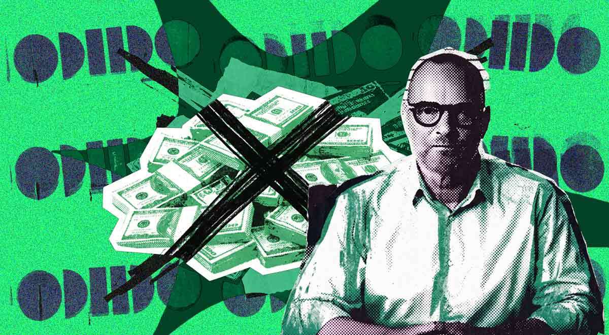 pile of money, blac X on them, CEO portrait, bald man in white shirt, glasses, odido logo, green