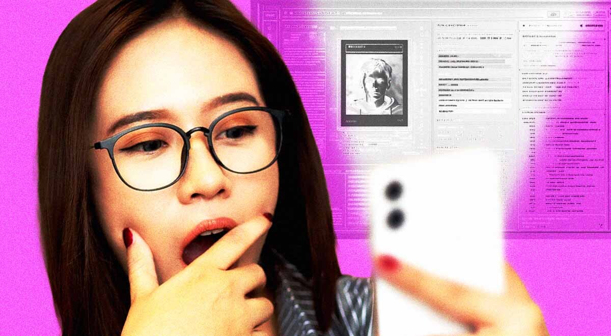 A shocked woman looking at her phone, documents with someone's criminal background behind her