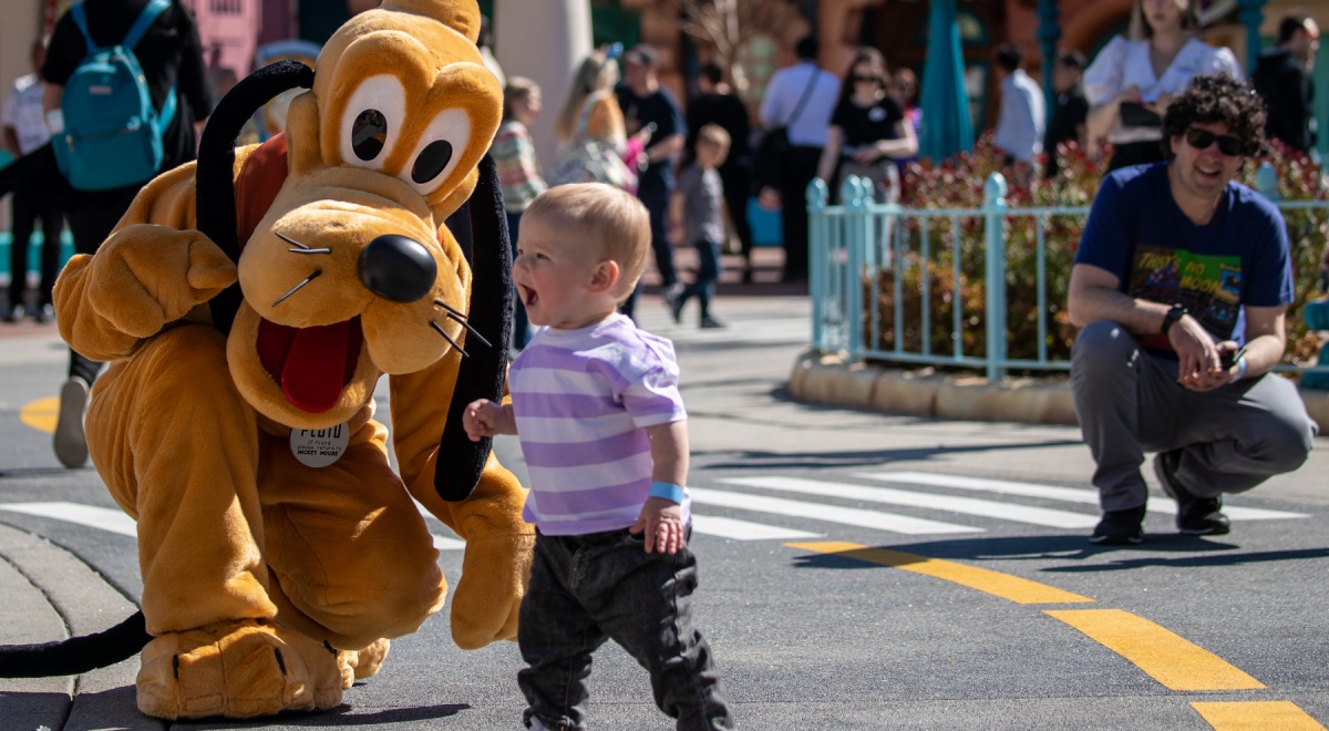 pluto dog, disneyland, sunny day, white blonde male todler 
