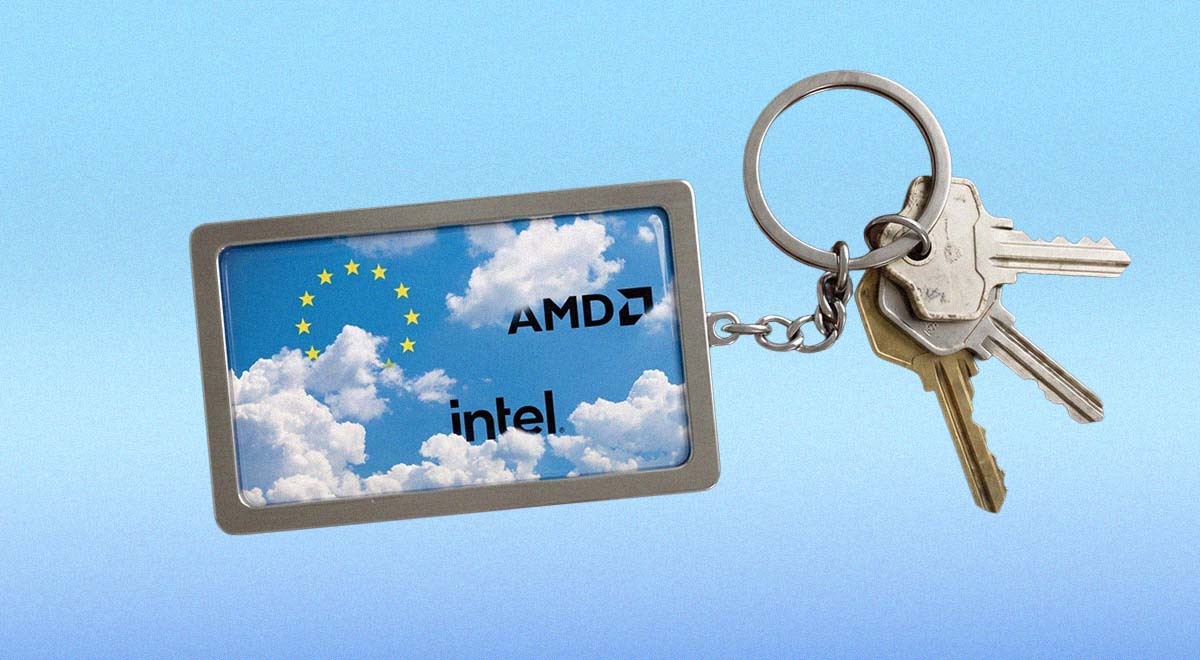 A keychain with clouds, the EU flag, logos of Intel and AMD