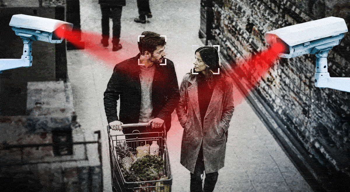 Facial recognition system in cameras scanning man and woman in a shop