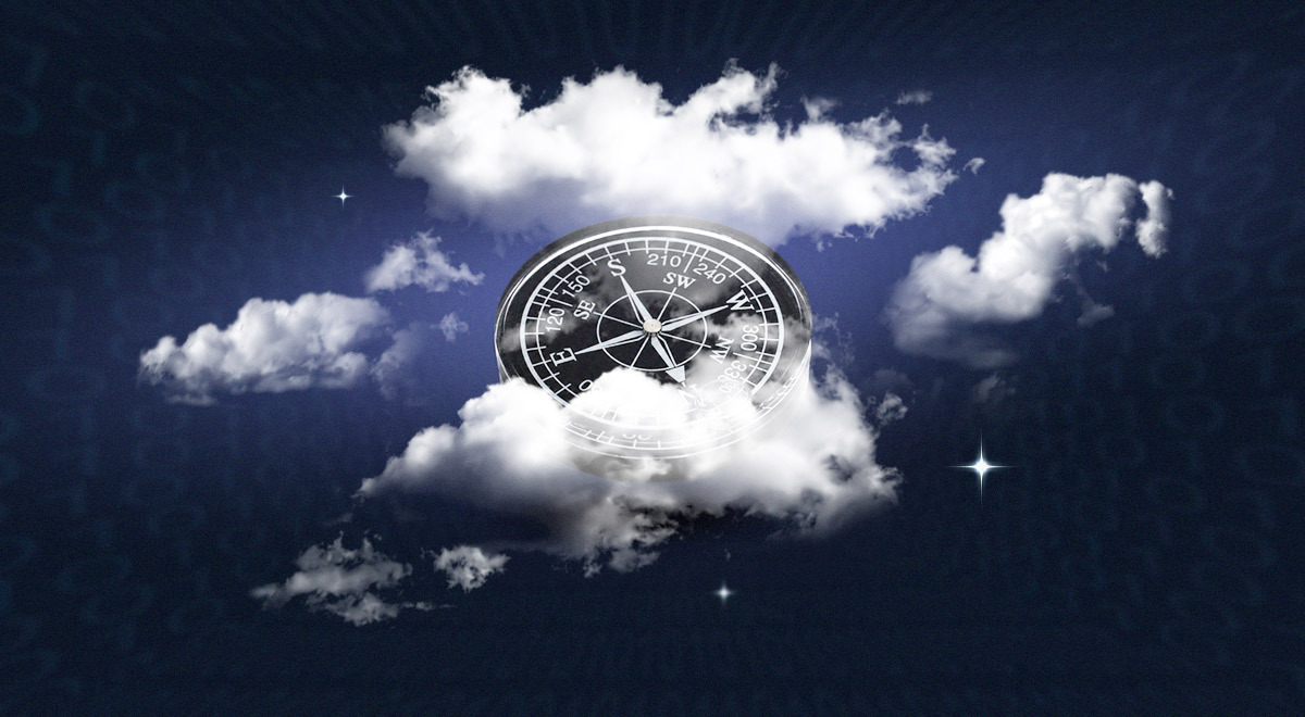 A compass in the sky surrounded by clouds, the concept of cloud service