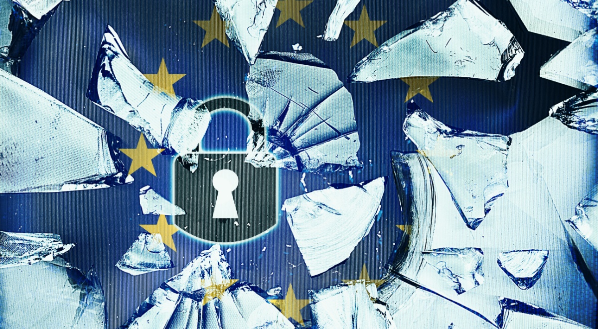 EU flag, blue background, yellow stars, frosty broken glass pieces, dark blue padlock,