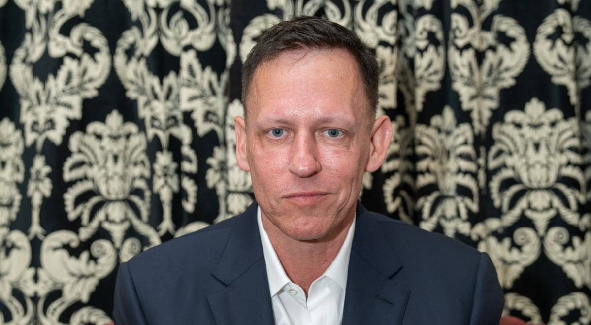 Peter Thiel, dark suit, white collar shirt, no tie, dark hair, light eyebrows, smirk