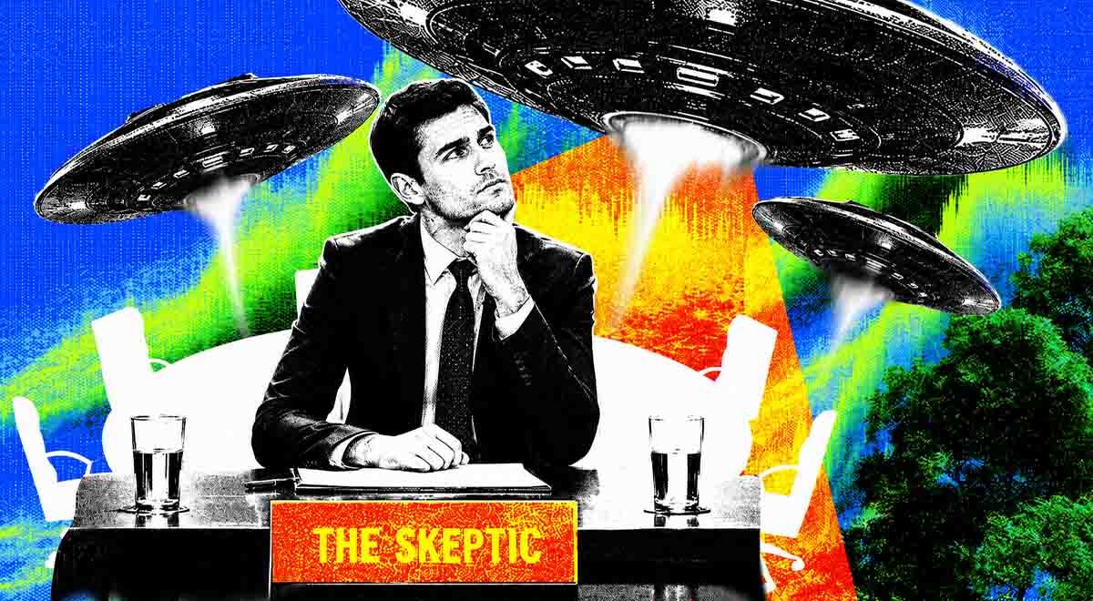 A skeptic sitting below a UFO.