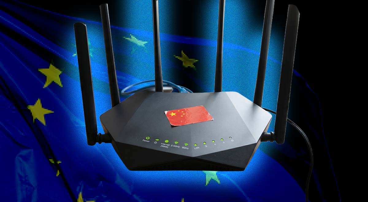 A router with a Chinese flag on it, the EU flag on the background