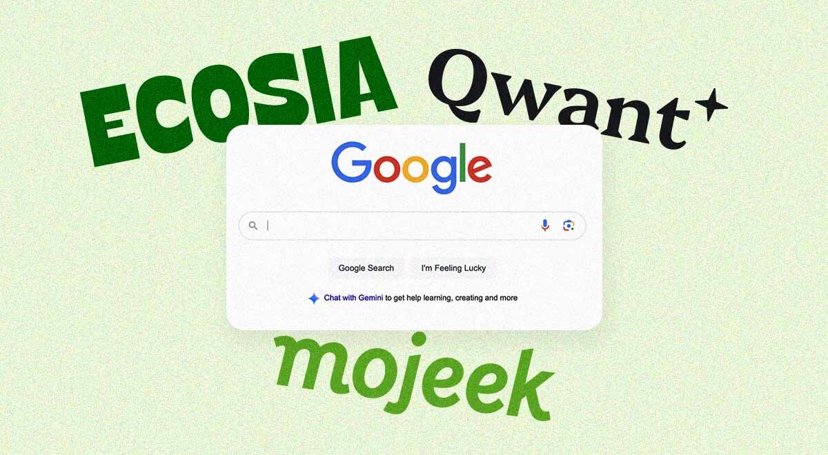 Logos of Ecosia, Qwant, Mojeek, Google Search bar