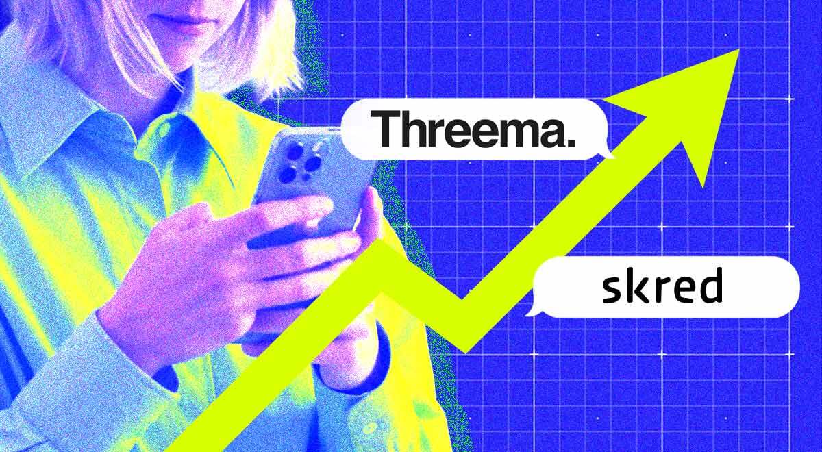 Logos of messaging apps Threema and Skred, a person using a smartphone, up arrow symbol