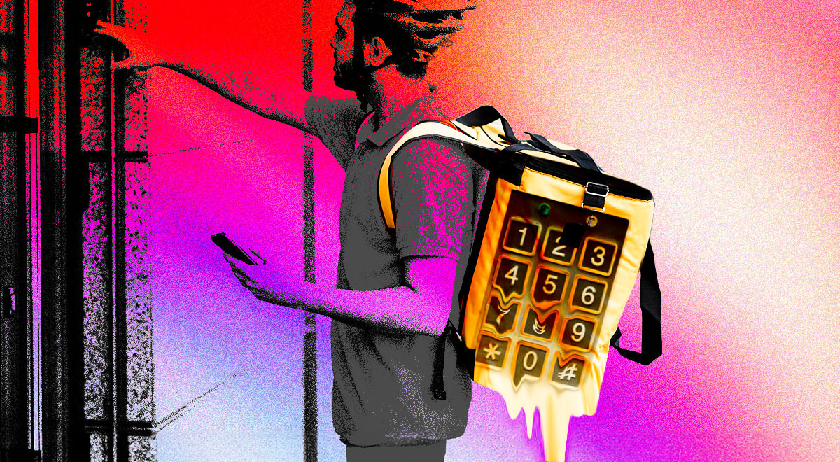 Delivery man with a backpack delivers package