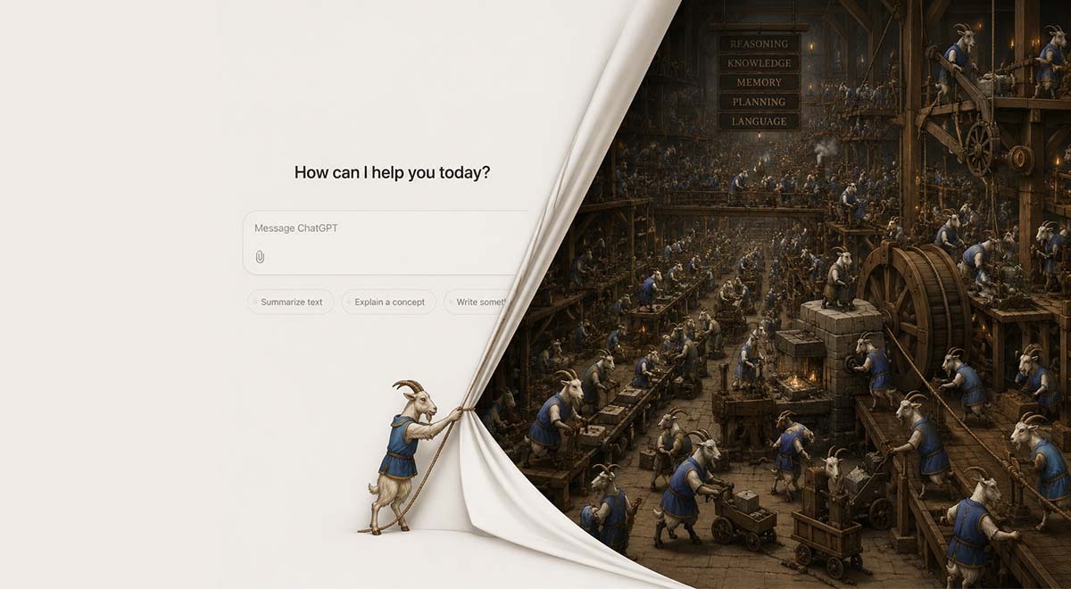 Chat GPT interface, with goats behind the veil doing work in the background.