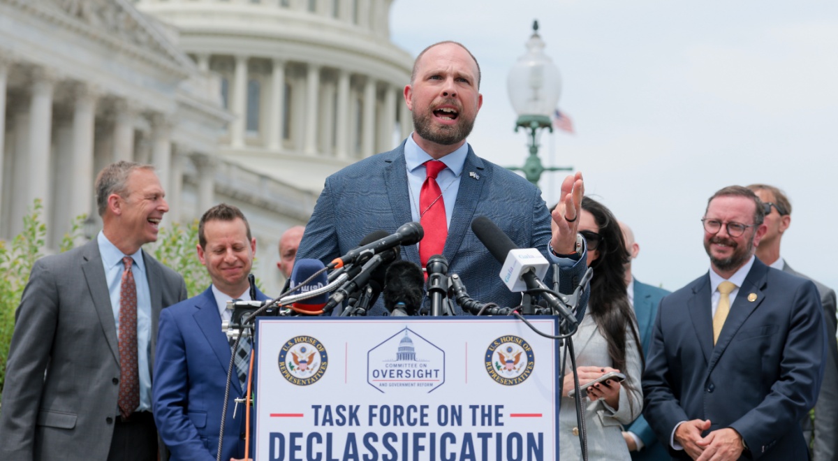 David Grusch speaking on Capitol Hill.