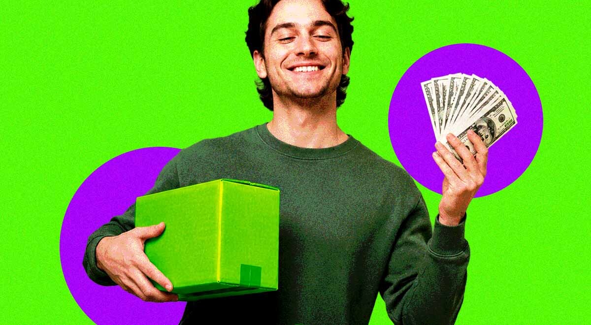 Man with a package and money