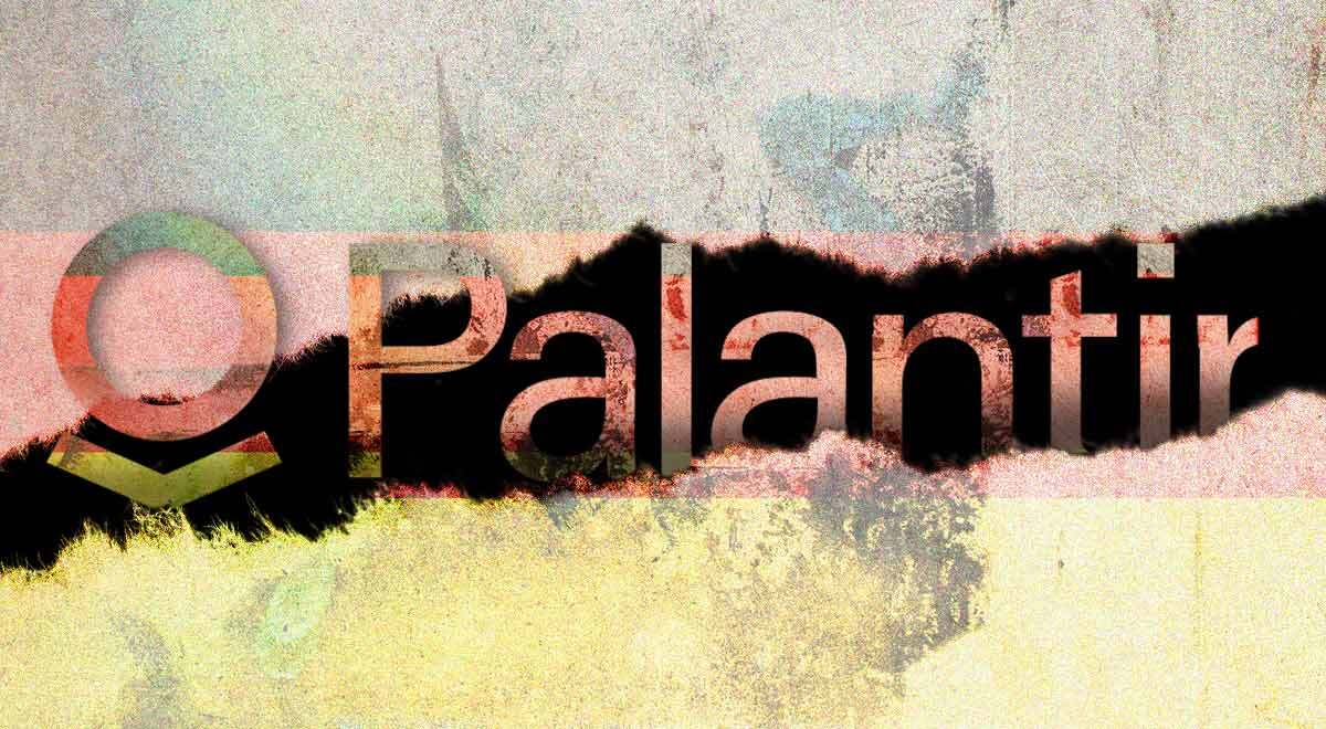 Logo of American data company Palantir, the German flag on the background