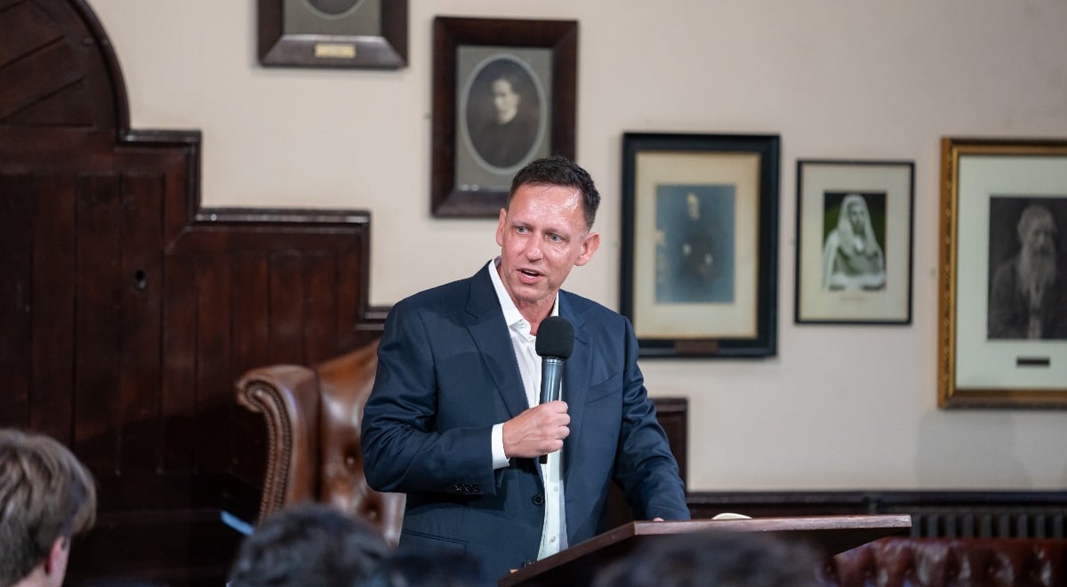 Peter Thiel speaks at The Cambridge Union on May 08, 2024 in Cambridge