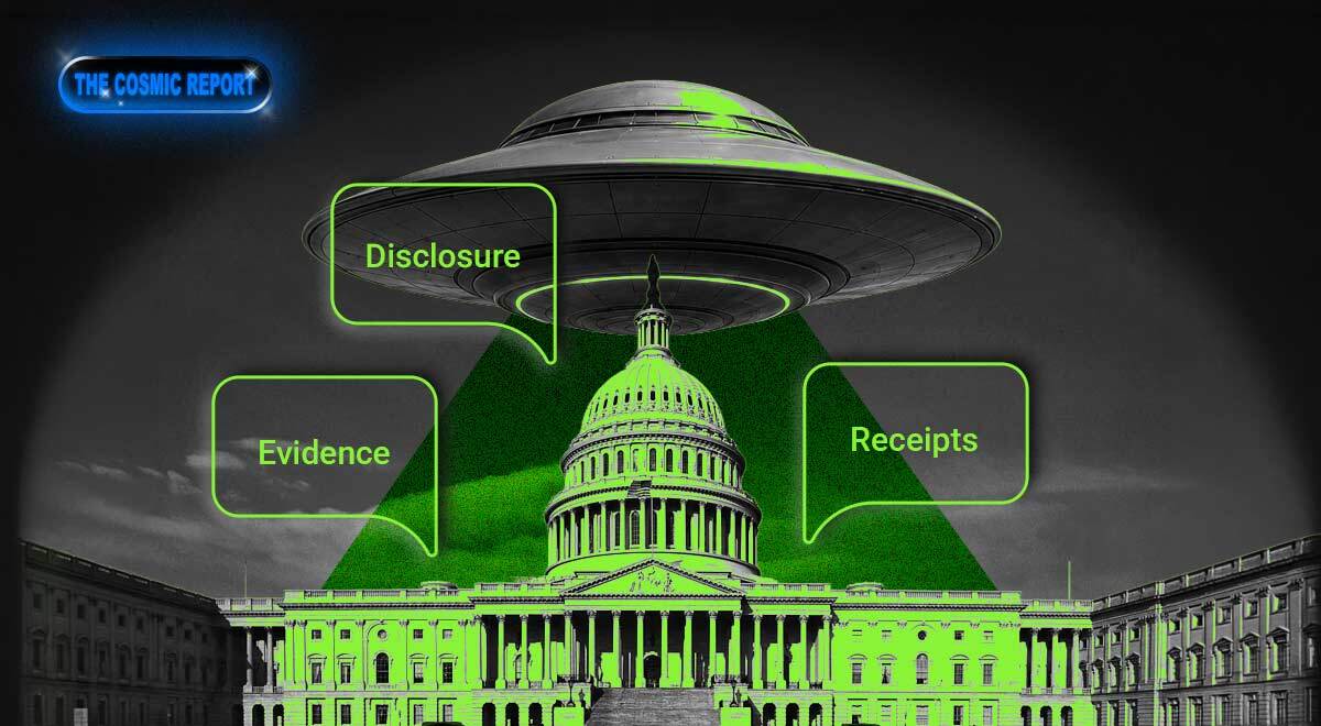 A UFO with various category bubbles flying above Capitol Hill.