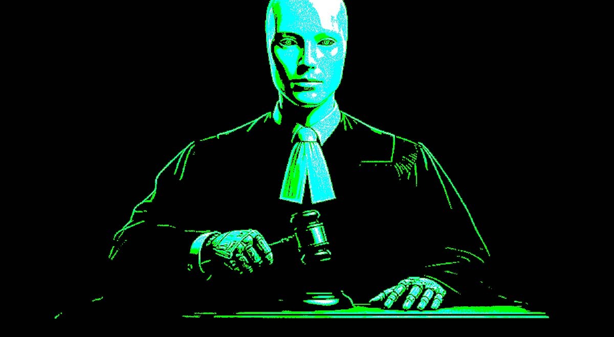 robot sitting in a court room
