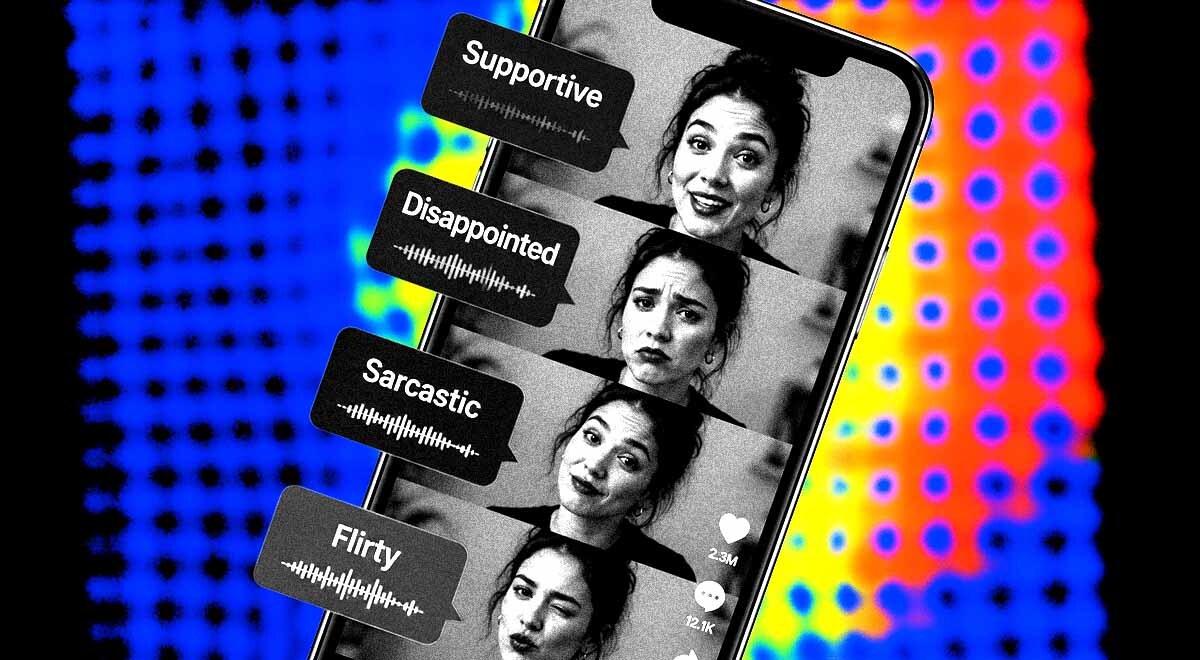 A smartphone screen with woman's face, words "supportive," "disappointed," "sarcastic," and "flirty