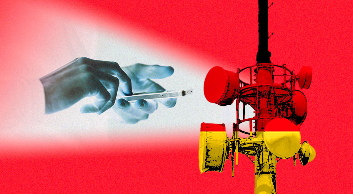 Hands holding a smartphone, German flag, a cell site