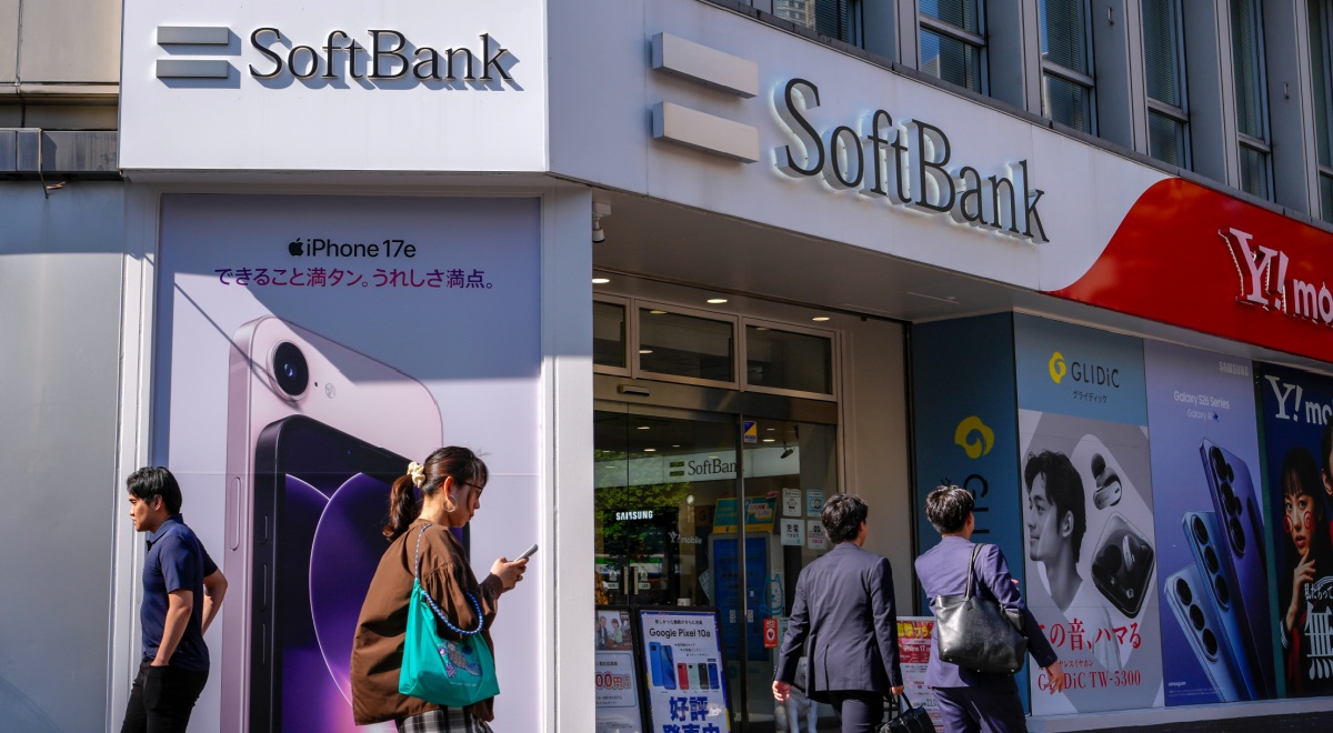 soft bank signage, white logo, white asian passers by on the street, white walls