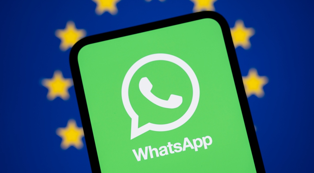 whatsapp logo, green background, black smartphone, eu flag, blue background, yellow stars