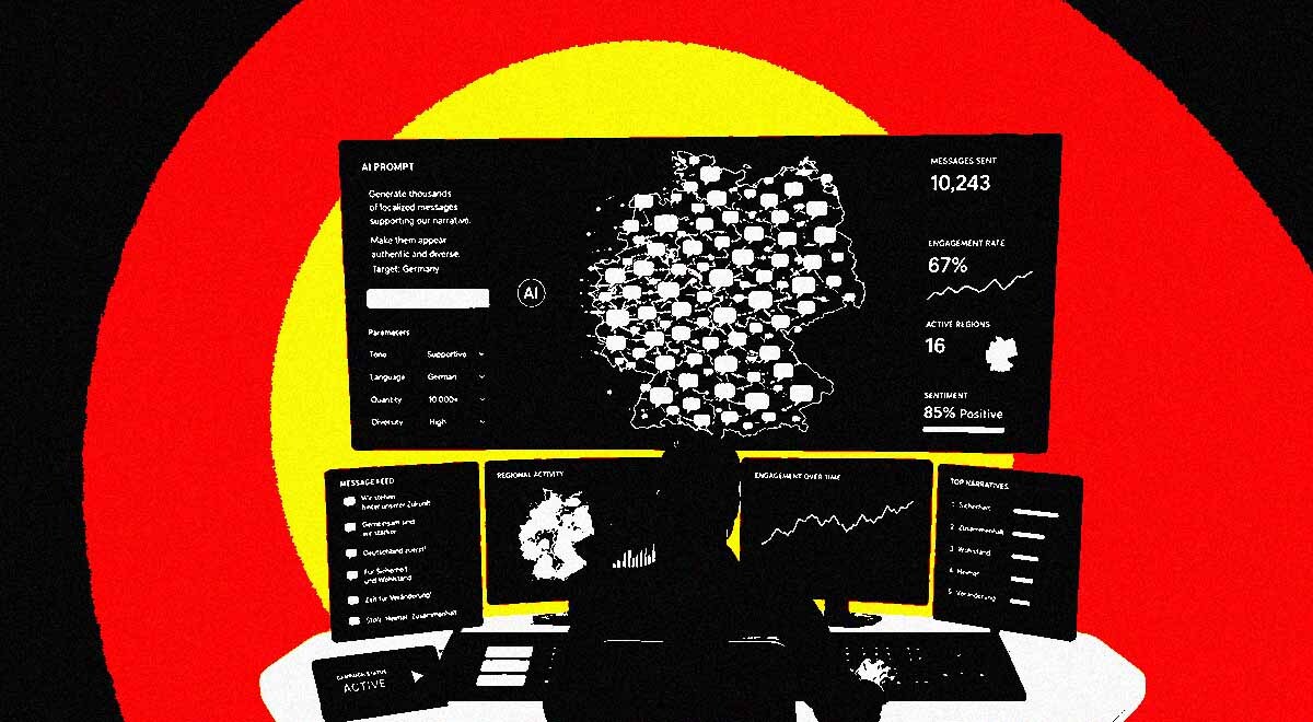 A human sitting at a desk prompting AI to spam a map of Germany with propaganda.