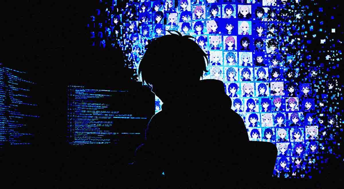 A silhouette of a hacker, hacking into an anime system.
