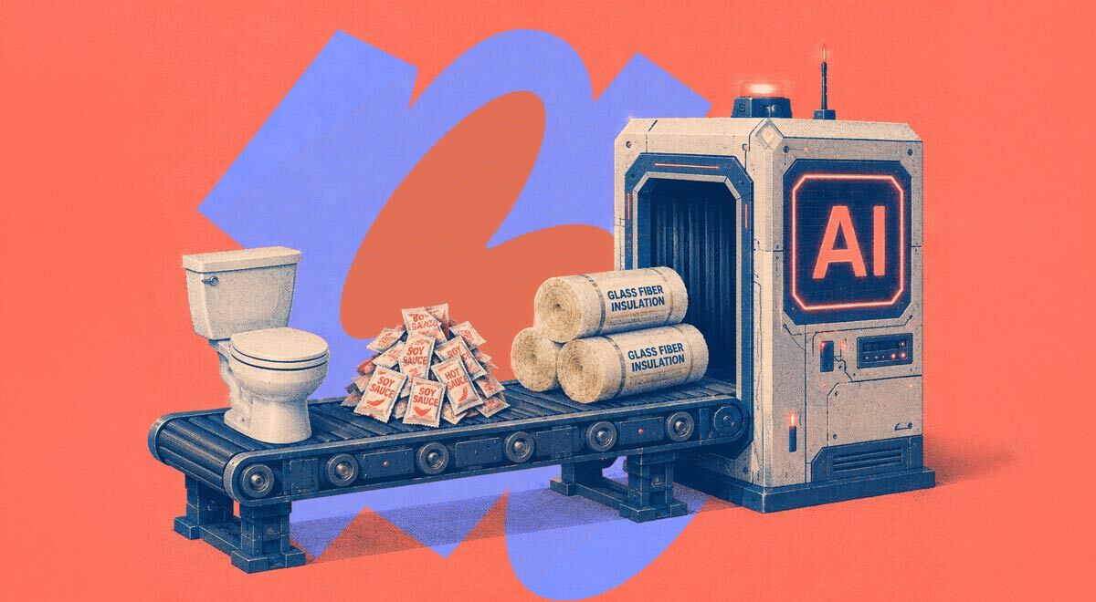 A toilet, seasoning, and fibre-glass coming off an AI conveyor belt.