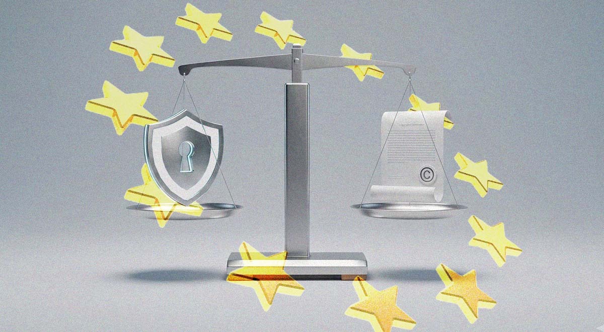 A futuristic balance scale weighing up a VPN and a copyrighted document.