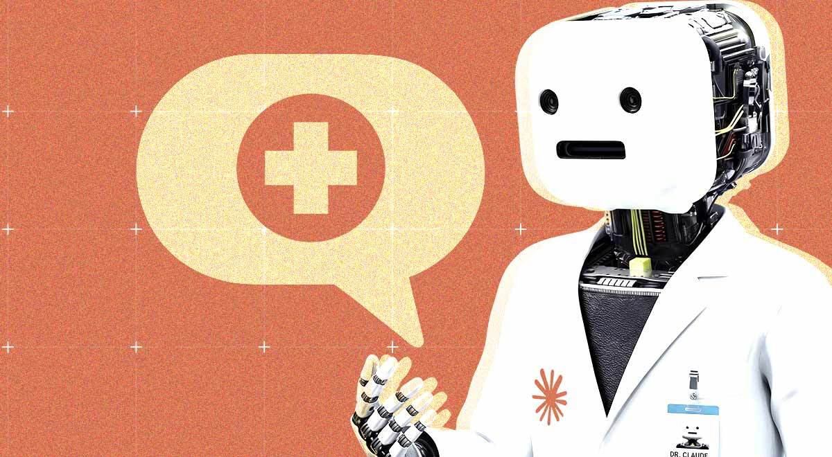 A robot in a doctor's coat, the card that says "Doctor Claude," logo of Claude
