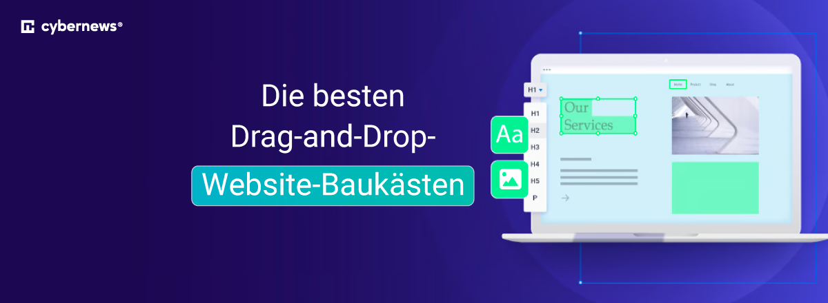 Laptop Bildschirm mit Drag & Drop-Baukasten, blau