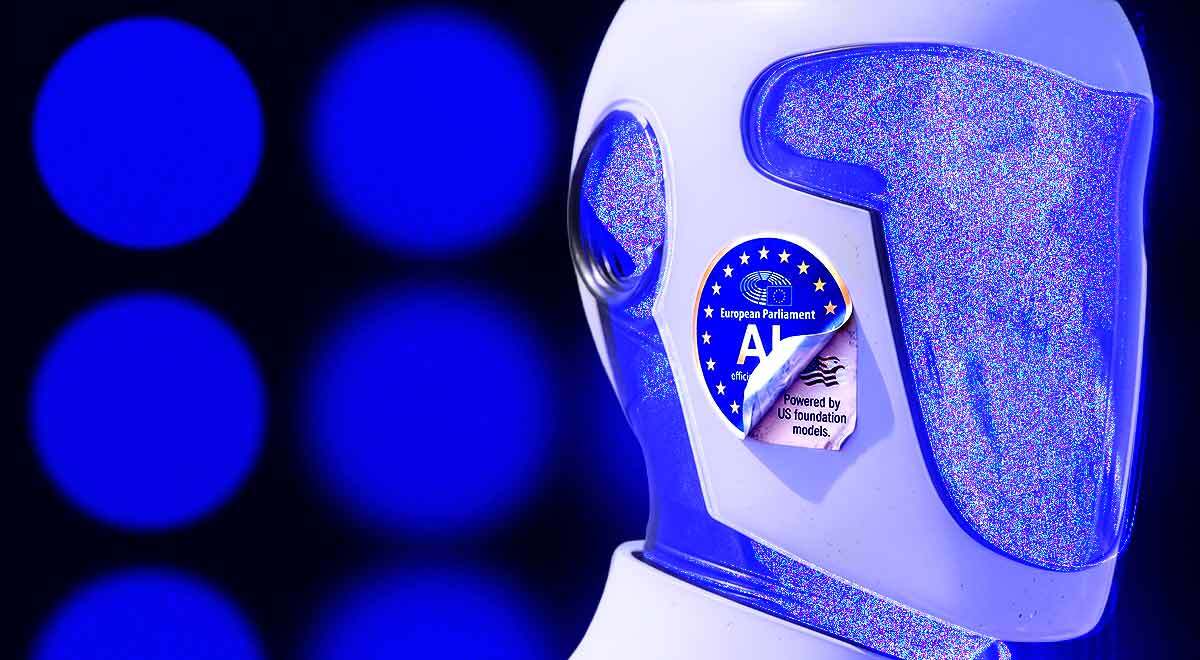 A robot's head, a sticker that says "European Parliament AI"