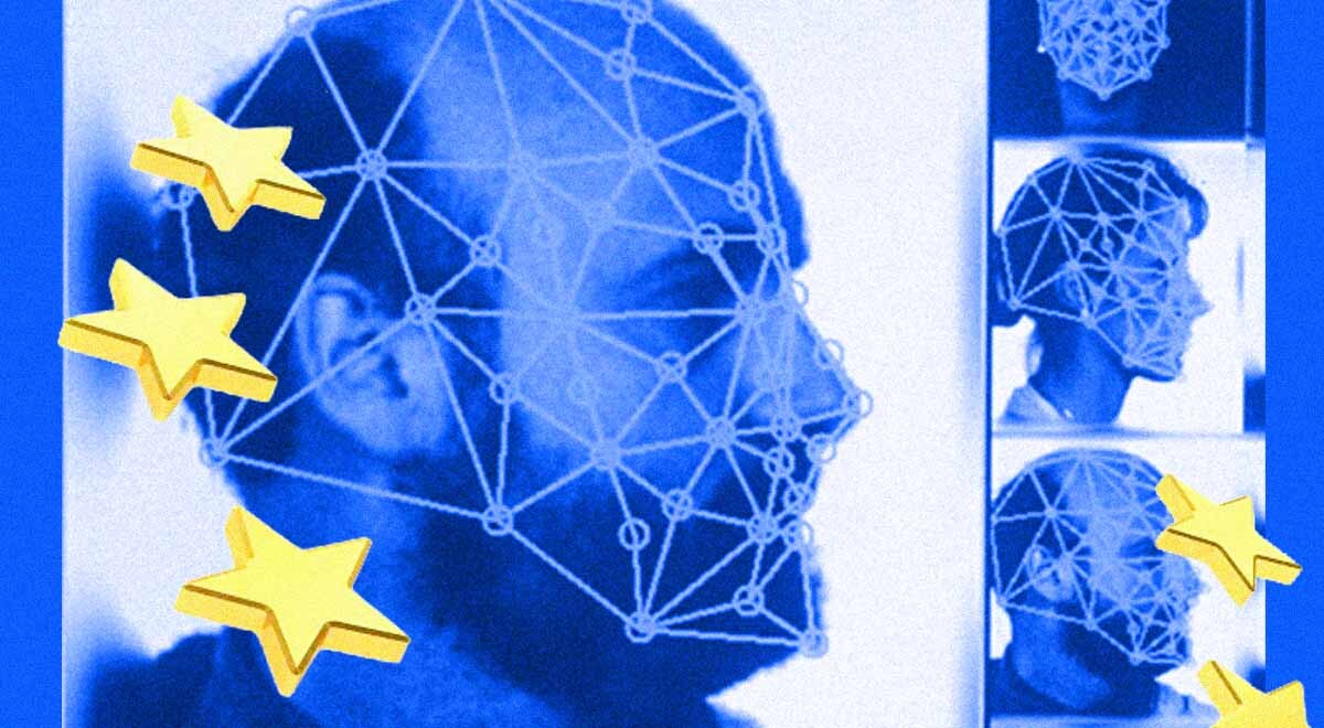 People's faces processed by facial recognition tech, the EU flag