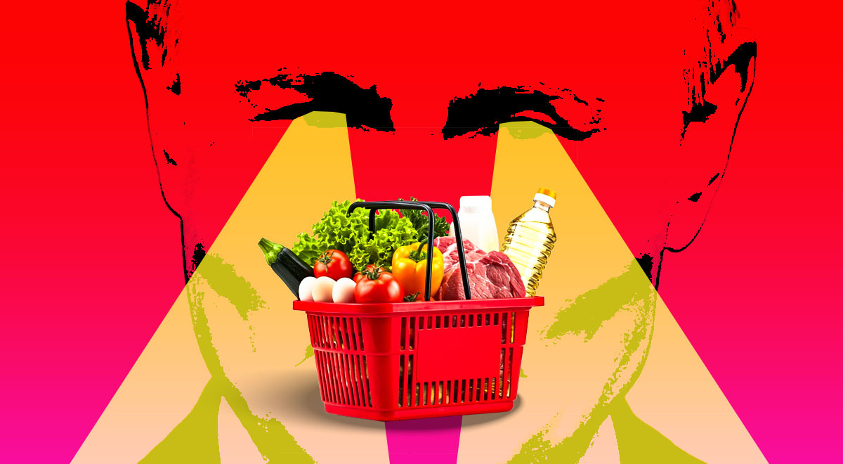 A basket with groceries, Russia's president Vladimir Putin