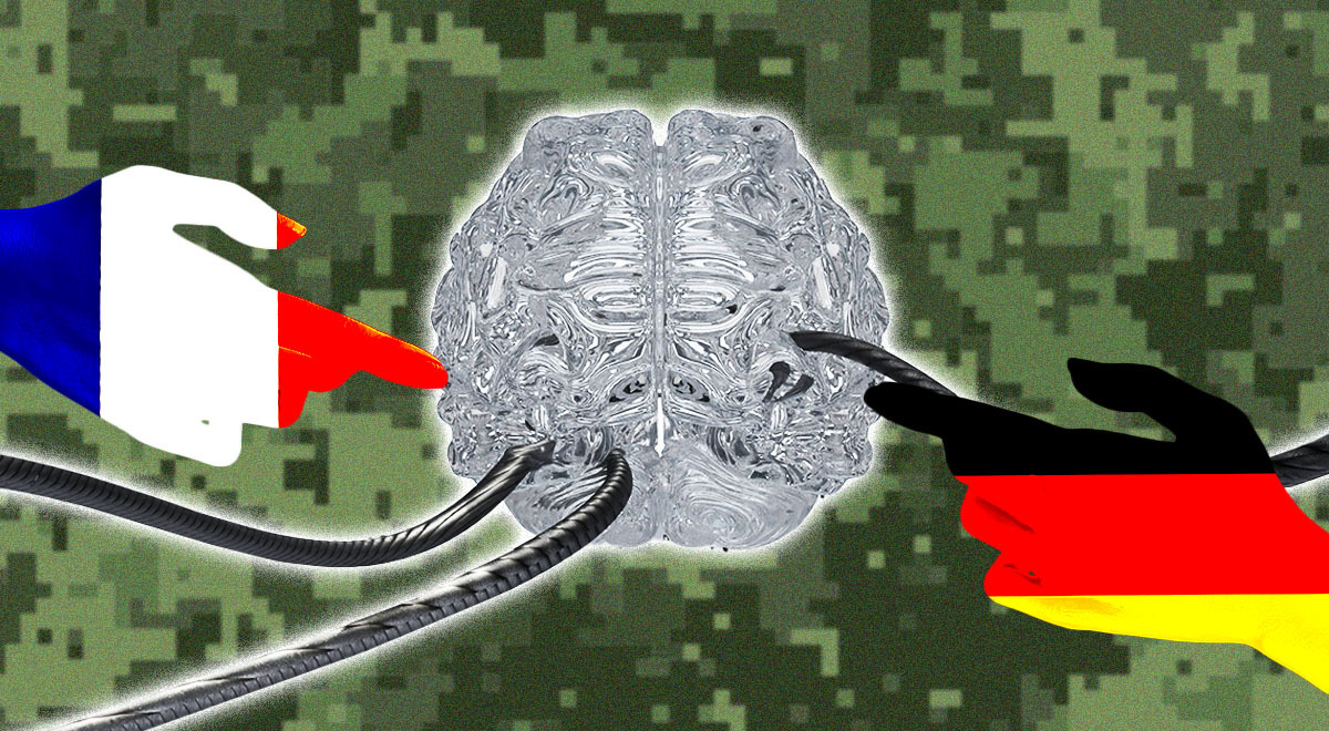 Hands that come in colors of French and German flags pointing to artificial brain