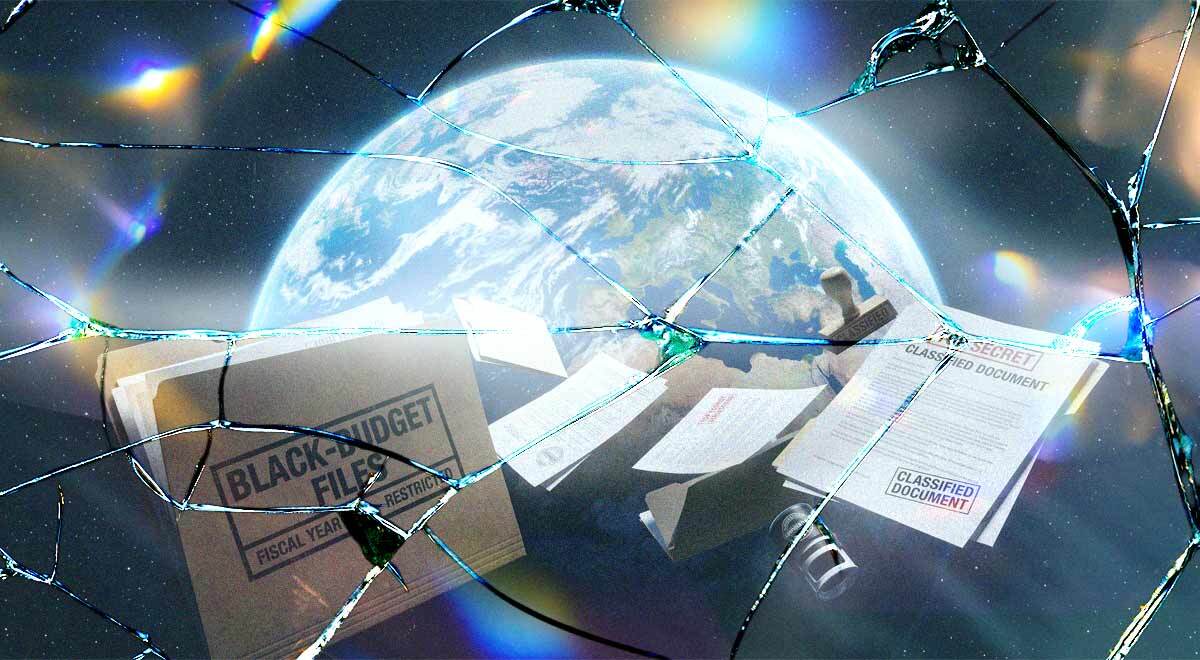 A giant mirror cracked floating in outer space.