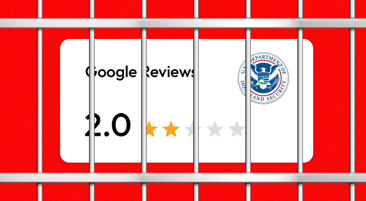 A review on Google with a rating of 2.0 behind bars, ICE logo