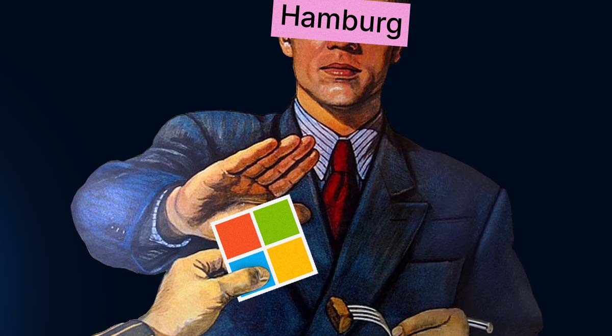 A person whose eyes are covered with a word "Hamburg" says no to Microsoft logo