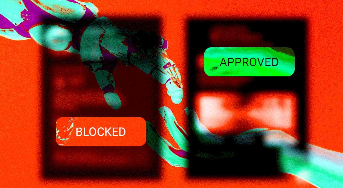 A split-screen of AI blocking and approving content on social media.
