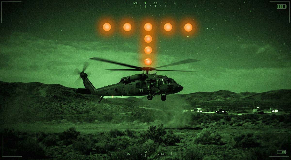 A helicopter with orange orbs flashing nearby.